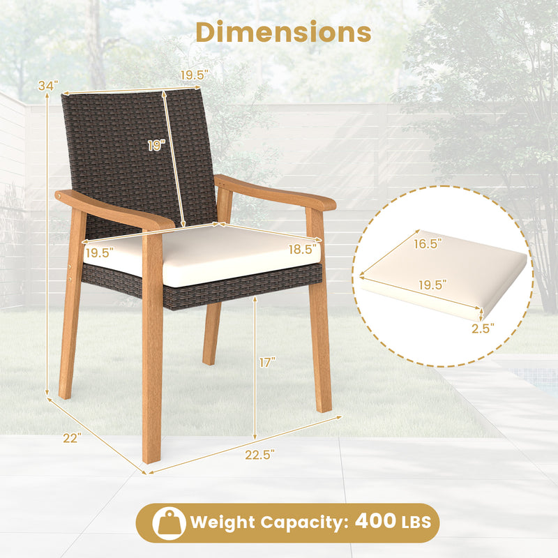 Costway - PE Rattan Outdoor Patio Dining Chair Set of 4 with Removable Cushion and Acacia Wood Armrests-White