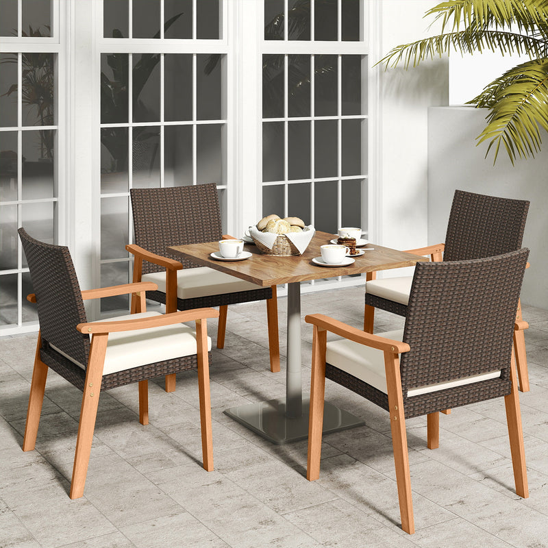 Costway - PE Rattan Outdoor Patio Dining Chair Set of 4 with Removable Cushion and Acacia Wood Armrests-White