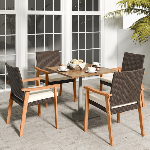 Costway - PE Rattan Outdoor Patio Dining Chair Set of 4 with Removable Cushion and Acacia Wood Armrests-White