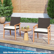 Costway - PE Rattan Outdoor Patio Dining Chair Set of 4 with Removable Cushion and Acacia Wood Armrests-White