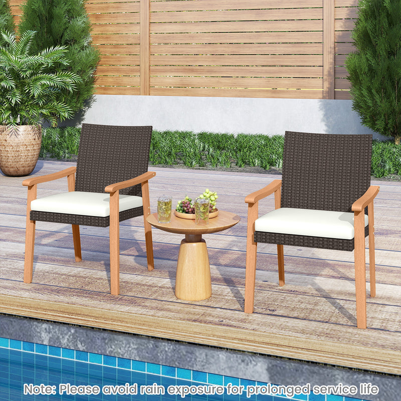 Costway - PE Rattan Outdoor Patio Dining Chair Set of 4 with Removable Cushion and Acacia Wood Armrests-White
