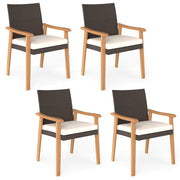 Costway - PE Rattan Outdoor Patio Dining Chair Set of 4 with Removable Cushion and Acacia Wood Armrests-White