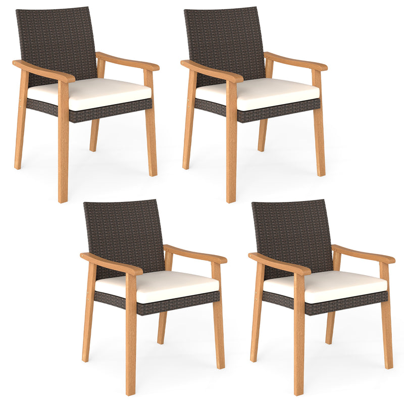 Costway - PE Rattan Outdoor Patio Dining Chair Set of 4 with Removable Cushion and Acacia Wood Armrests-White