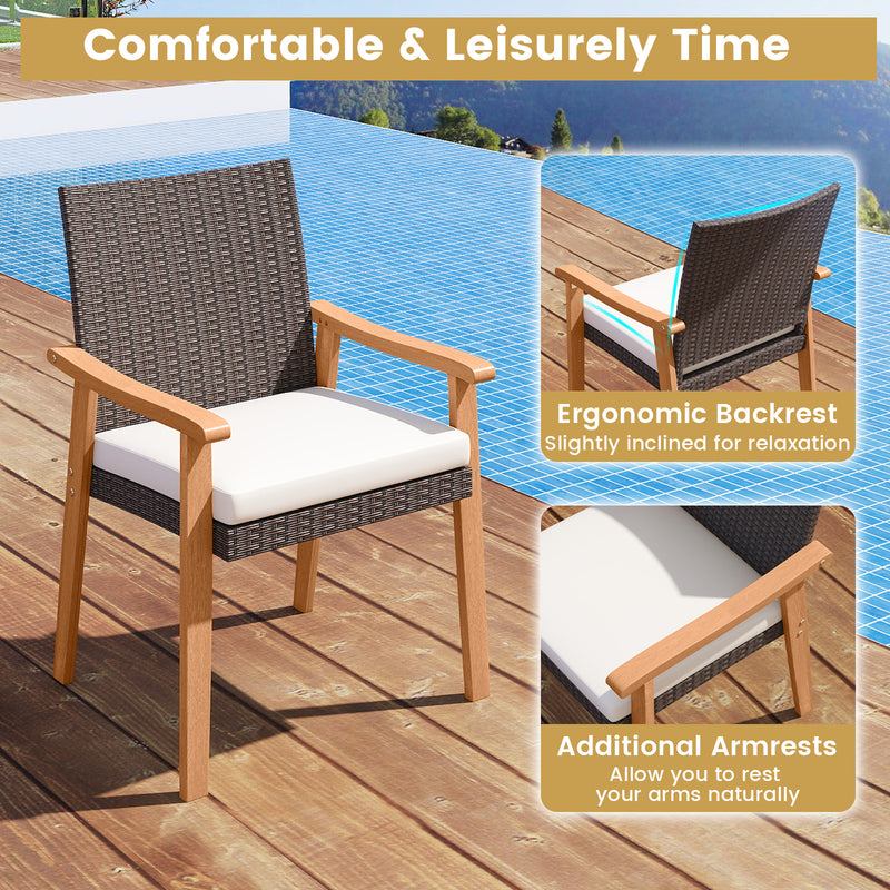 Costway - PE Rattan Outdoor Patio Dining Chair Set of 4 with Removable Cushion and Acacia Wood Armrests-White