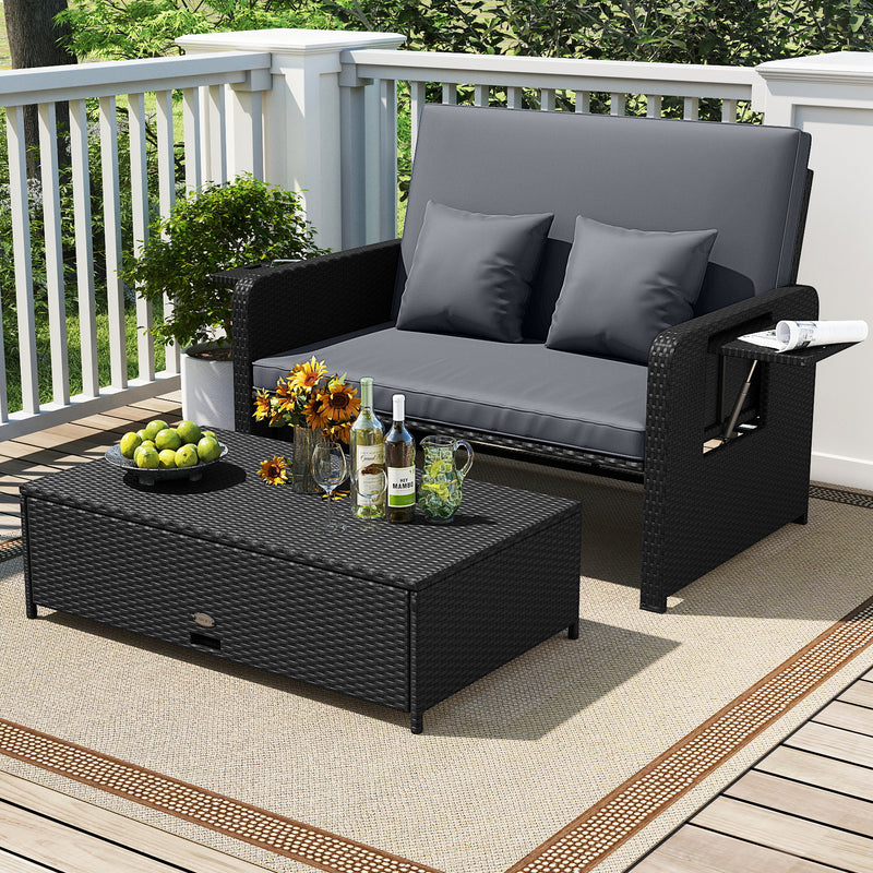 Costway - PE Wicker Outdoor Daybed with 4-Level Adjustable Backrest and Storage Ottoman-Gray