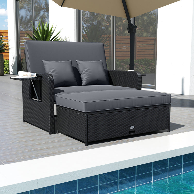 Costway - PE Wicker Outdoor Daybed with 4-Level Adjustable Backrest and Storage Ottoman-Gray
