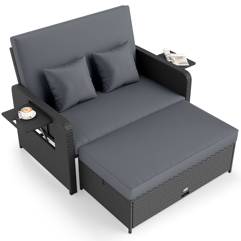Costway - PE Wicker Outdoor Daybed with 4-Level Adjustable Backrest and Storage Ottoman-Gray