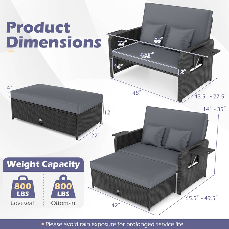 Costway - PE Wicker Outdoor Daybed with 4-Level Adjustable Backrest and Storage Ottoman-Gray