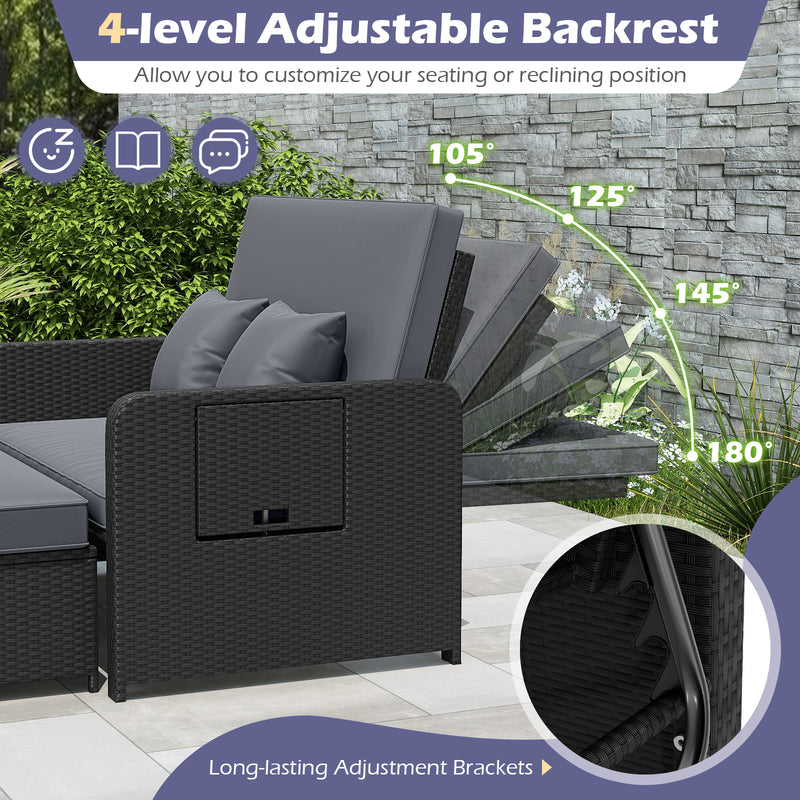 Costway - PE Wicker Outdoor Daybed with 4-Level Adjustable Backrest and Storage Ottoman-Gray