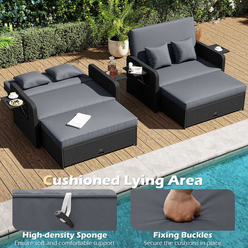 Costway - PE Wicker Outdoor Daybed with 4-Level Adjustable Backrest and Storage Ottoman-Gray