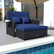 Costway - PE Wicker Outdoor Daybed with 4-Level Adjustable Backrest and Storage Ottoman-Navy