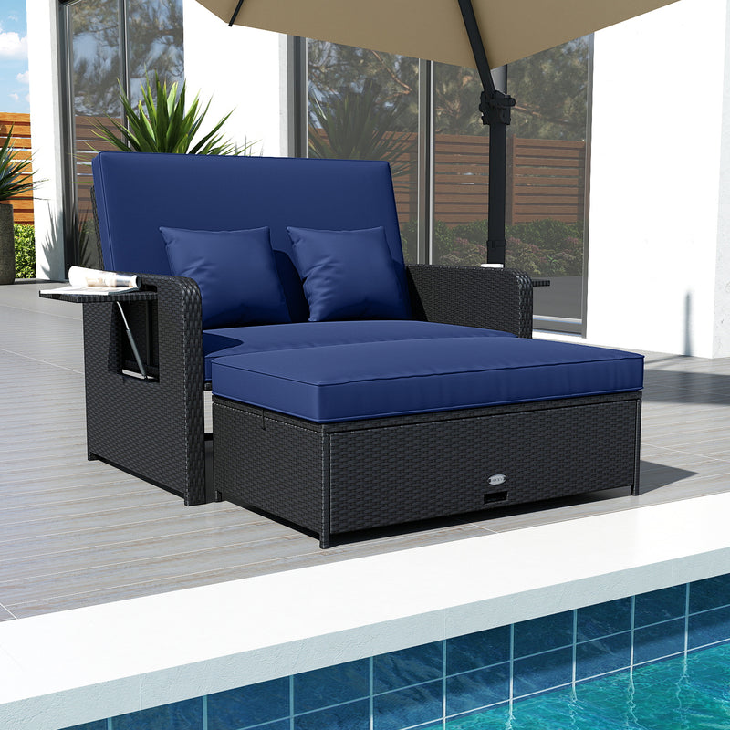 Costway - PE Wicker Outdoor Daybed with 4-Level Adjustable Backrest and Storage Ottoman-Navy