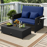 Costway - PE Wicker Outdoor Daybed with 4-Level Adjustable Backrest and Storage Ottoman-Navy