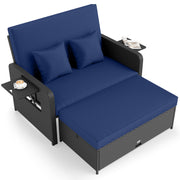 Costway - PE Wicker Outdoor Daybed with 4-Level Adjustable Backrest and Storage Ottoman-Navy