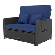 Costway - PE Wicker Outdoor Daybed with 4-Level Adjustable Backrest and Storage Ottoman-Navy