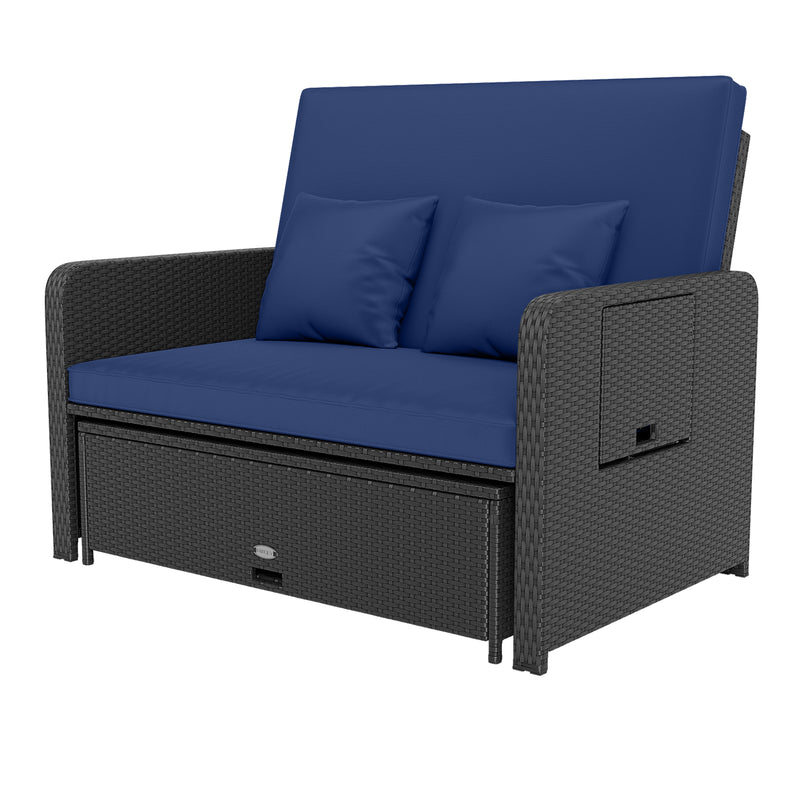 Costway - PE Wicker Outdoor Daybed with 4-Level Adjustable Backrest and Storage Ottoman-Navy