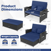 Costway - PE Wicker Outdoor Daybed with 4-Level Adjustable Backrest and Storage Ottoman-Navy