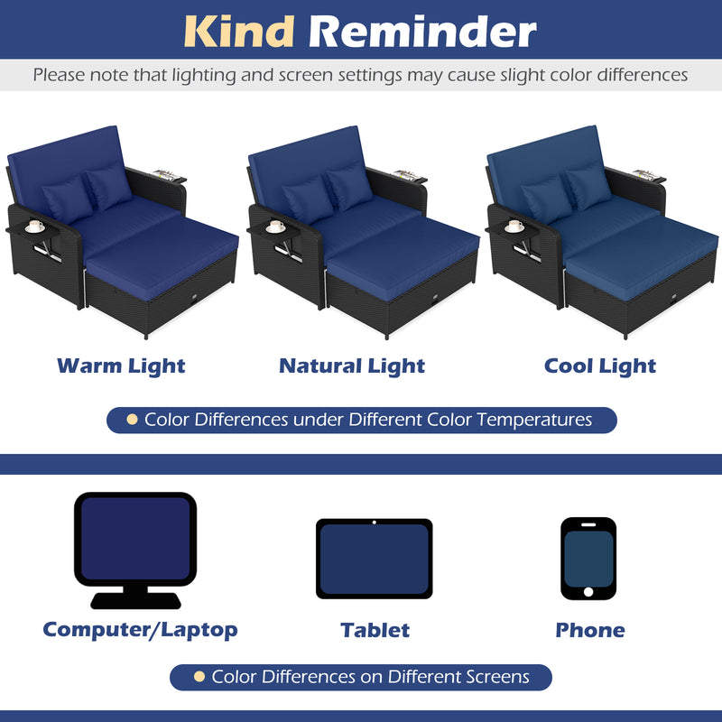 Costway - PE Wicker Outdoor Daybed with 4-Level Adjustable Backrest and Storage Ottoman-Navy