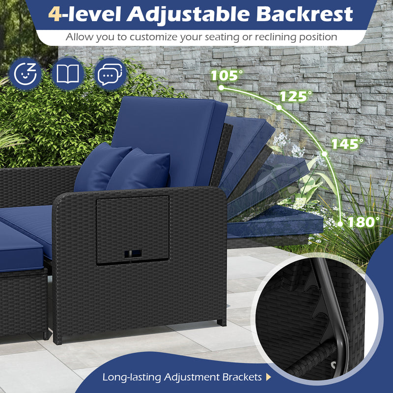 Costway - PE Wicker Outdoor Daybed with 4-Level Adjustable Backrest and Storage Ottoman-Navy