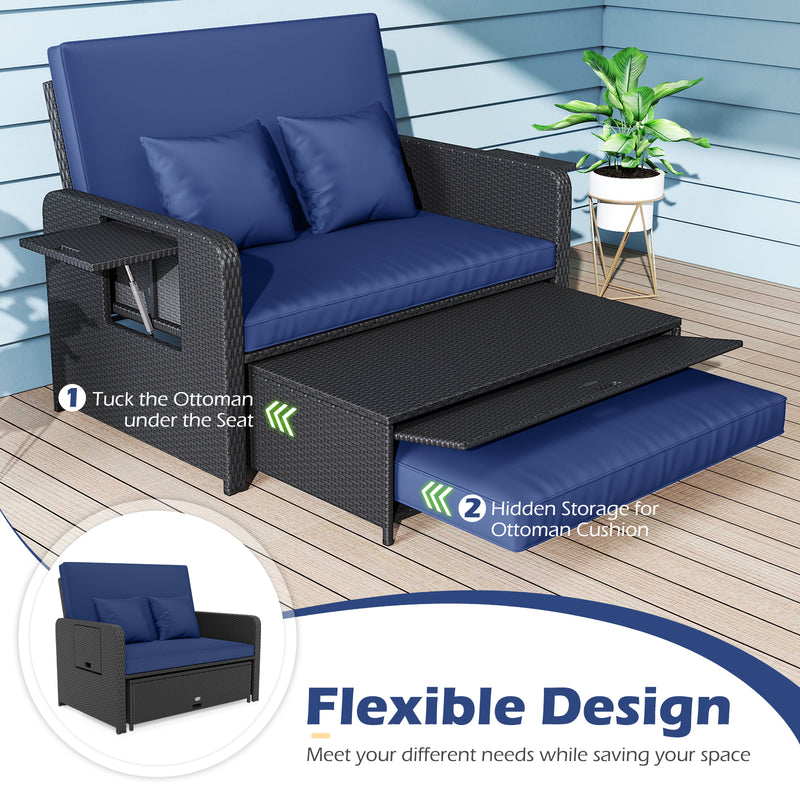 Costway - PE Wicker Outdoor Daybed with 4-Level Adjustable Backrest and Storage Ottoman-Navy