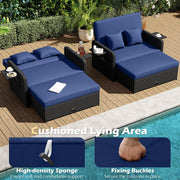 Costway - PE Wicker Outdoor Daybed with 4-Level Adjustable Backrest and Storage Ottoman-Navy