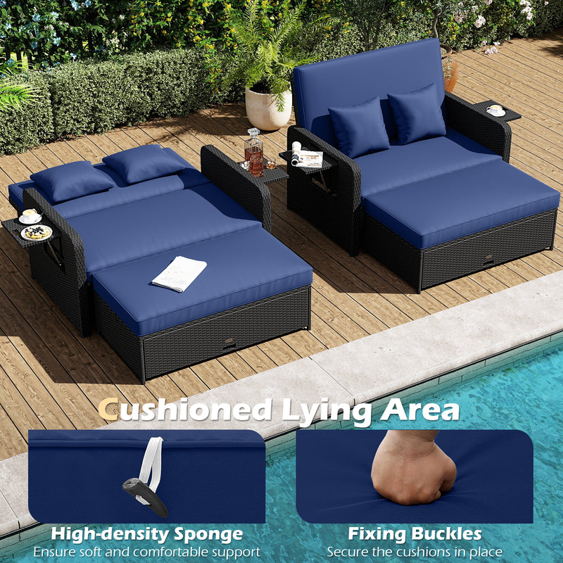 Costway - PE Wicker Outdoor Daybed with 4-Level Adjustable Backrest and Storage Ottoman-Navy
