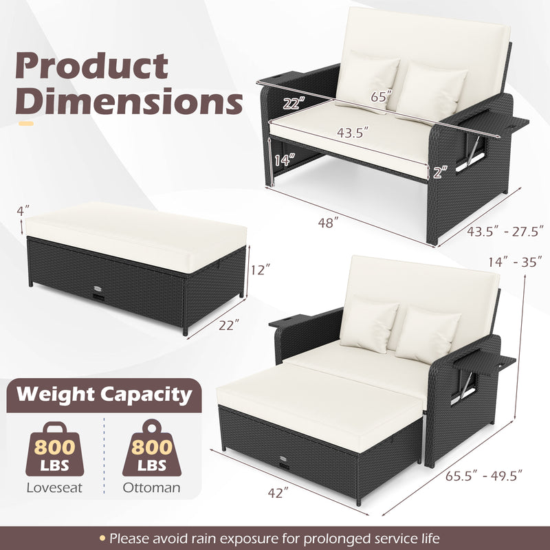 Costway - PE Wicker Outdoor Daybed with 4-Level Adjustable Backrest and Storage Ottoman-White