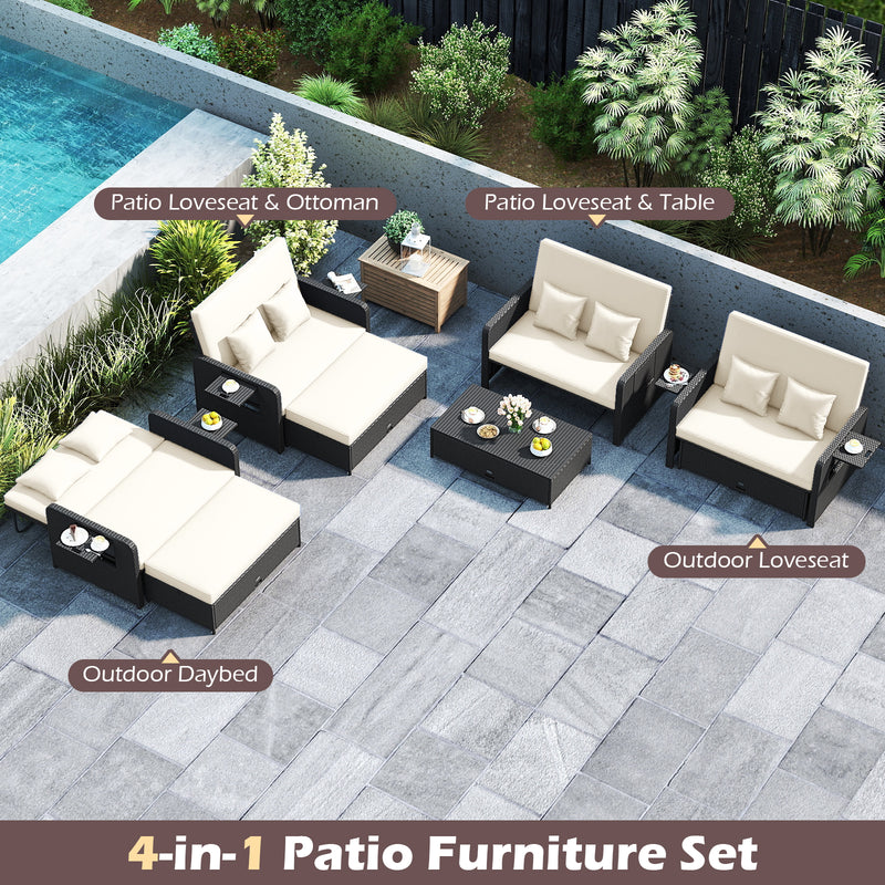 Costway - PE Wicker Outdoor Daybed with 4-Level Adjustable Backrest and Storage Ottoman-White
