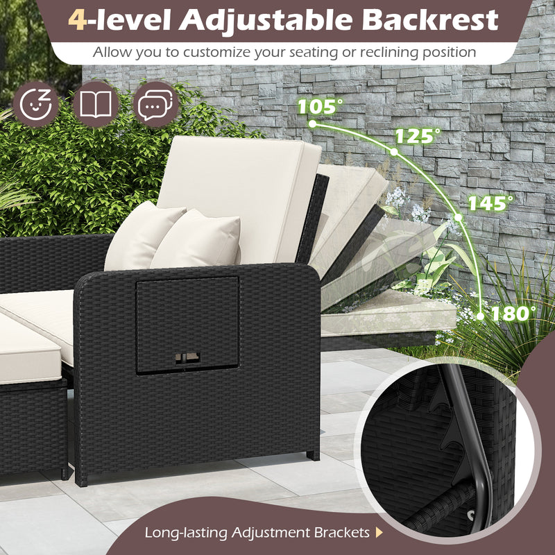 Costway - PE Wicker Outdoor Daybed with 4-Level Adjustable Backrest and Storage Ottoman-White