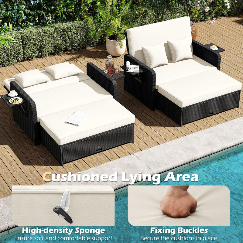 Costway - PE Wicker Outdoor Daybed with 4-Level Adjustable Backrest and Storage Ottoman-White