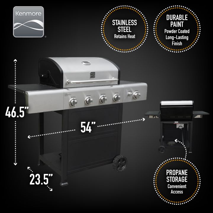 Kenmore 4 Burner Gas Grill Plus Side Burner - Black with Stainless Steel Lid