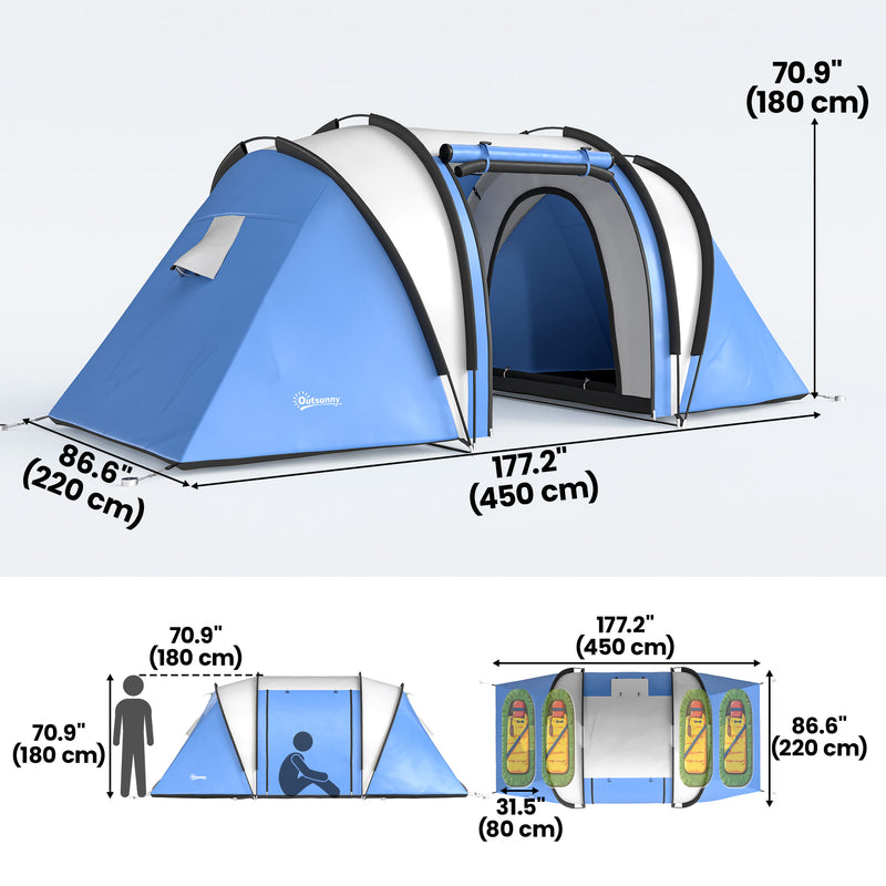 Outsunny - Camping Tent with 2 Bedrooms and Living Area, 3000mm Waterproof Family Tent, for Fishing Hiking Festival, Blue