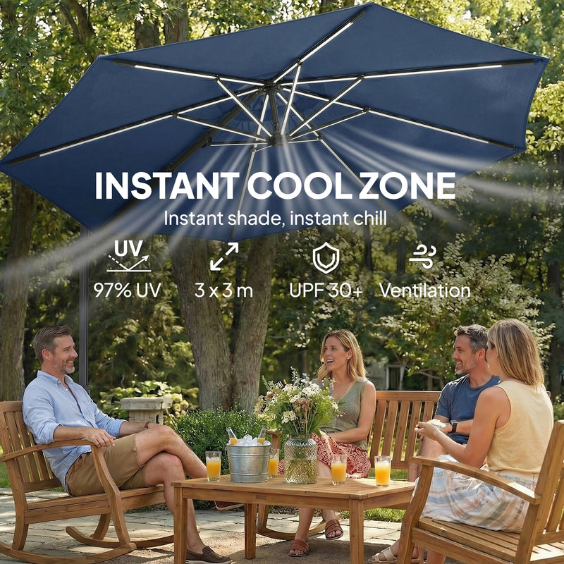 10 ft Offset Patio Umbrella with Solar Light, Garden Hanging Parasol with 360° Rotation, Tilt, Cover, Navy Blue