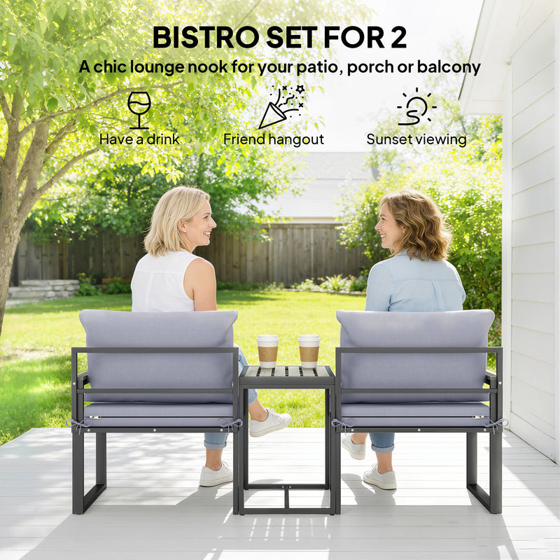 Outsunny - Outdoor Bistro Set, Patio Furniture Set with 2 Chairs and Side Table for Garden Balcony Poolside, Grey