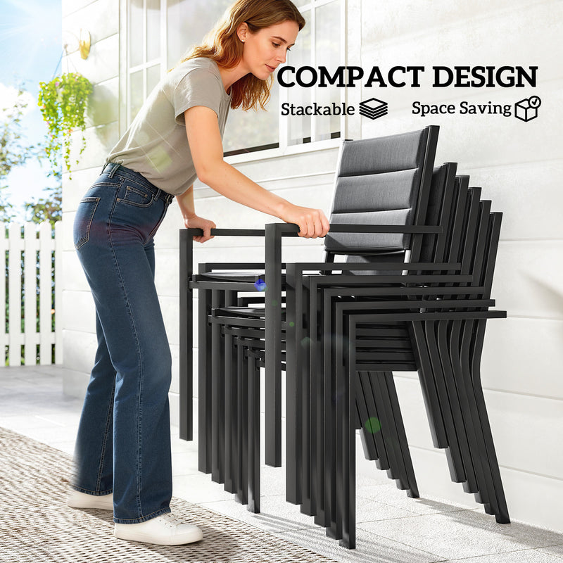 Outsunny - Patio Dining Set for 6, Aluminum Expandable Outdoor Table and 6 Stackable Chairs with Padded Back, Mesh Seat, Black
