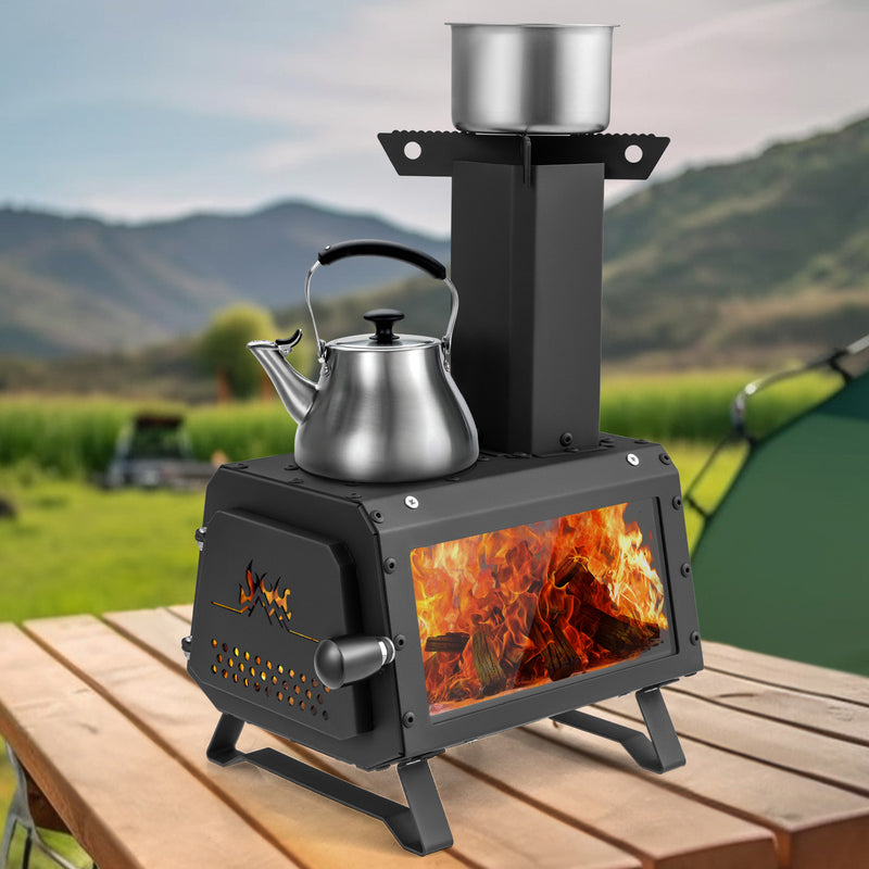 Costway - Patented Portable Wood Camping Burning Stove Heater with 2 Cooking Positions