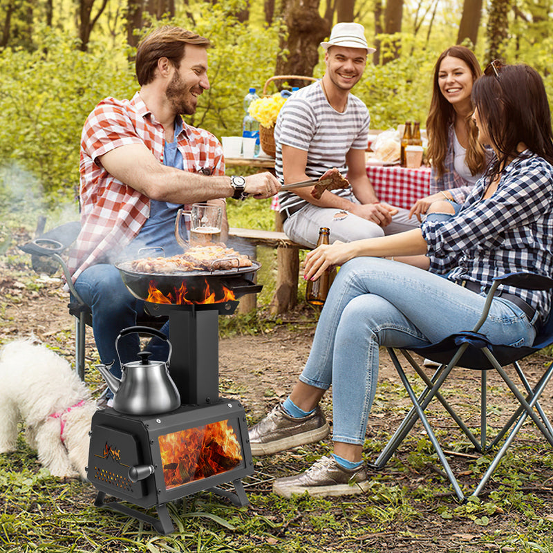 Costway - Patented Portable Wood Camping Burning Stove Heater with 2 Cooking Positions