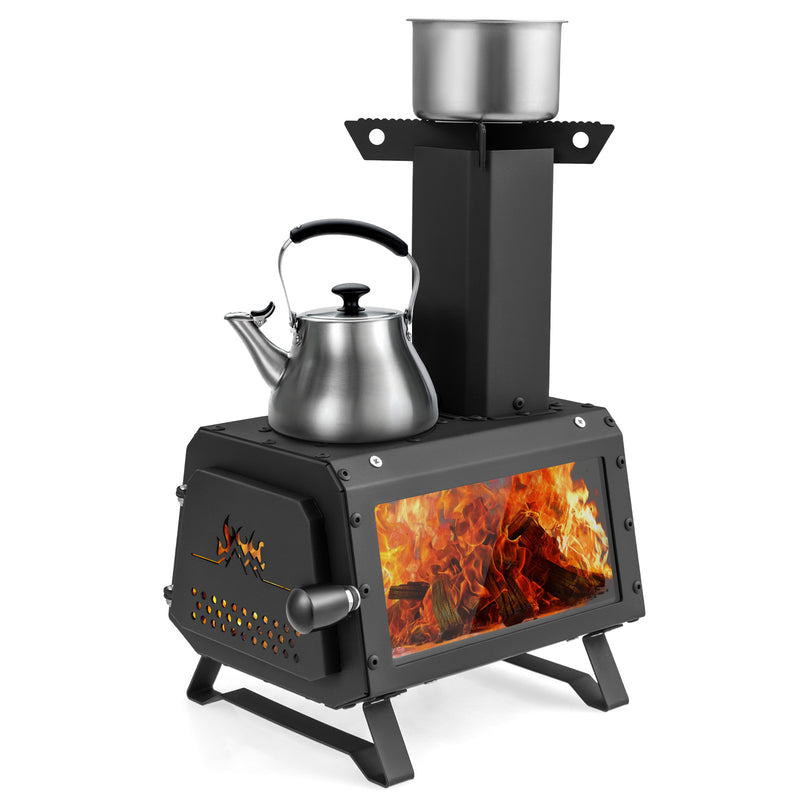 Costway - Patented Portable Wood Camping Burning Stove Heater with 2 Cooking Positions