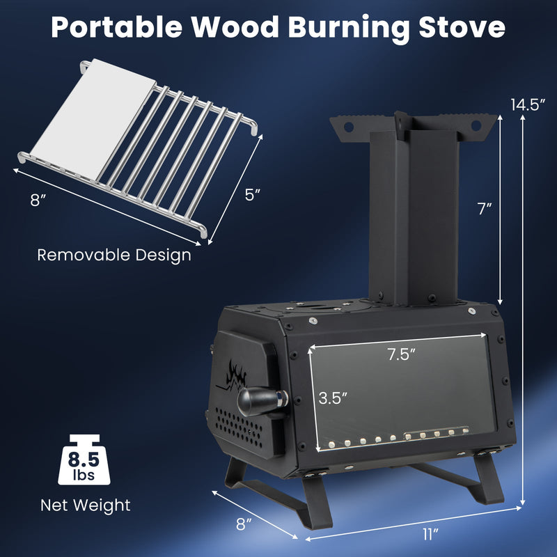 Costway - Patented Portable Wood Camping Burning Stove Heater with 2 Cooking Positions