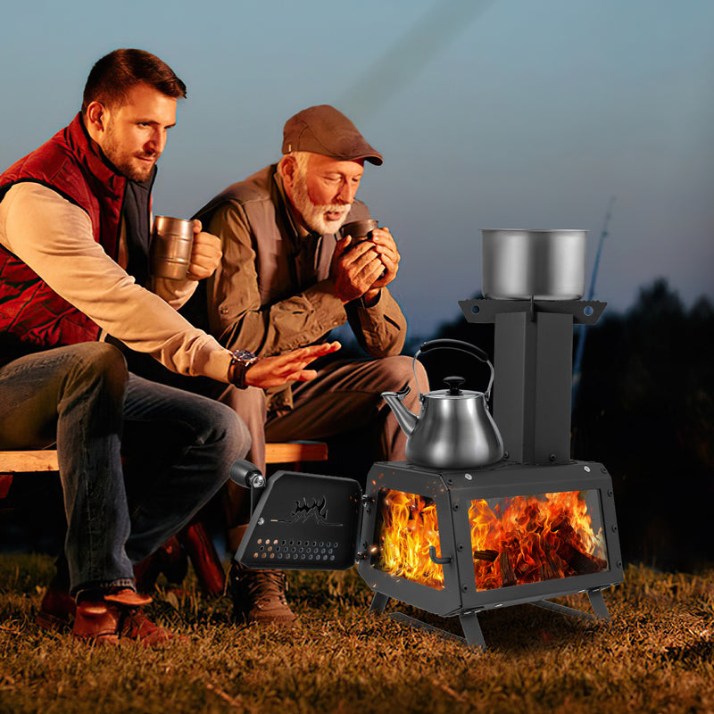 Costway - Patented Portable Wood Camping Burning Stove Heater with 2 Cooking Positions