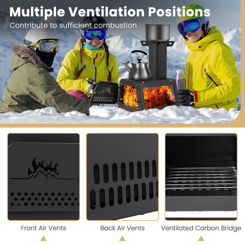 Costway - Patented Portable Wood Camping Burning Stove Heater with 2 Cooking Positions
