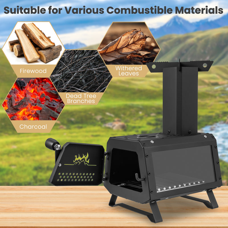Costway - Patented Portable Wood Camping Burning Stove Heater with 2 Cooking Positions