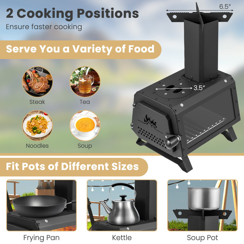 Costway - Patented Portable Wood Camping Burning Stove Heater with 2 Cooking Positions