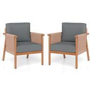 Costway - Patio Acacia Wood Chair Set of 2 with Woven Rope Armrests and Seat Back Cushions for Backyard-Gray