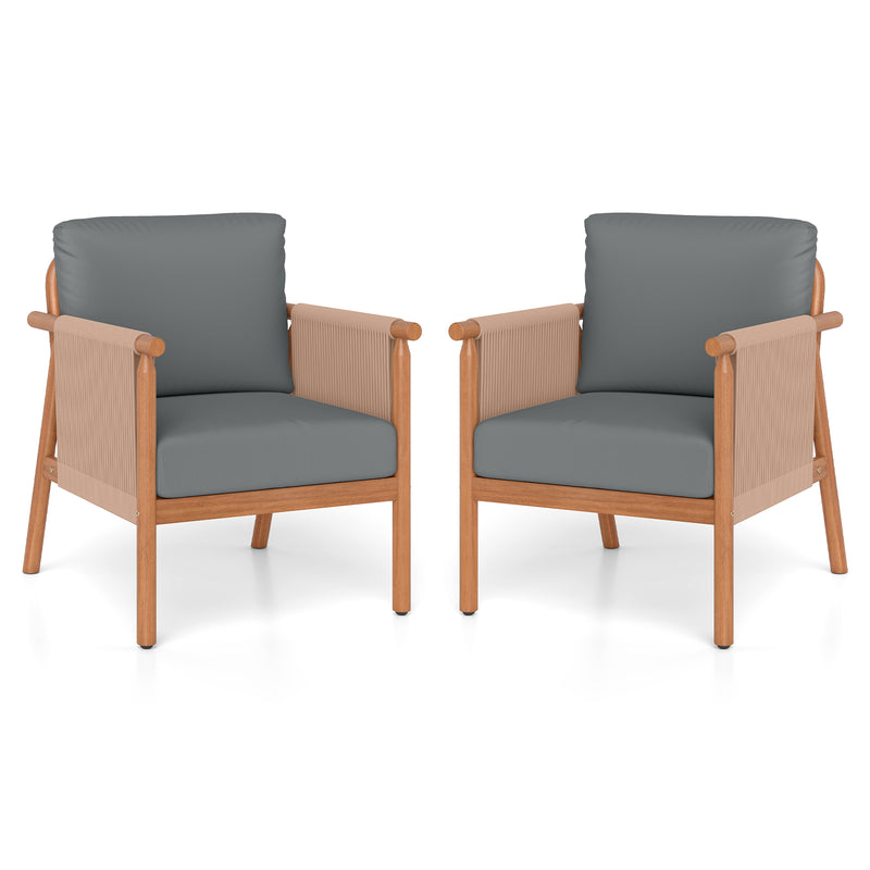 Costway - Patio Acacia Wood Chair Set of 2 with Woven Rope Armrests and Seat Back Cushions for Backyard-Gray