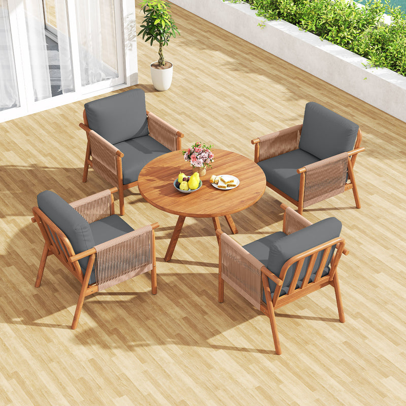 Costway - Patio Acacia Wood Chair Set of 2 with Woven Rope Armrests and Seat Back Cushions for Backyard-Gray