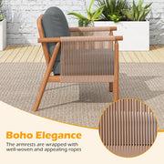 Costway - Patio Acacia Wood Chair Set of 2 with Woven Rope Armrests and Seat Back Cushions for Backyard-Gray