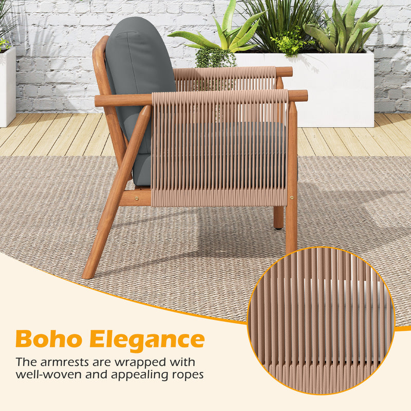 Costway - Patio Acacia Wood Chair Set of 2 with Woven Rope Armrests and Seat Back Cushions for Backyard-Gray