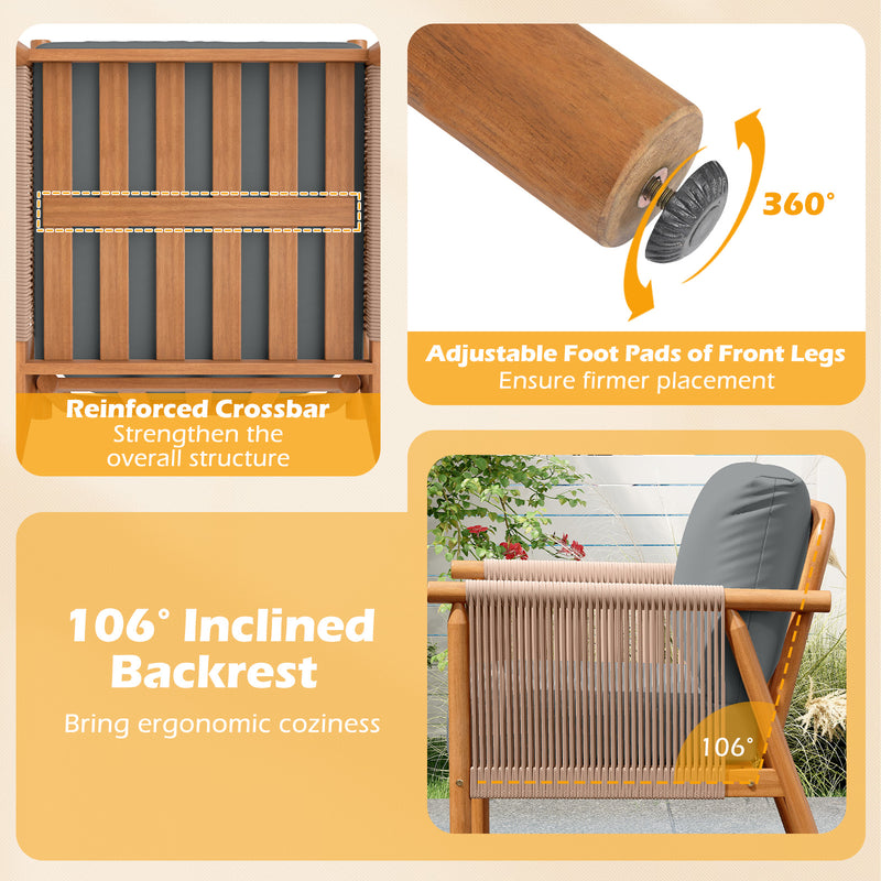 Costway - Patio Acacia Wood Chair Set of 2 with Woven Rope Armrests and Seat Back Cushions for Backyard-Gray