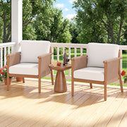 Costway - Patio Acacia Wood Chair Set of 2 with Woven Rope Armrests and Seat Back Cushions for Backyard-White